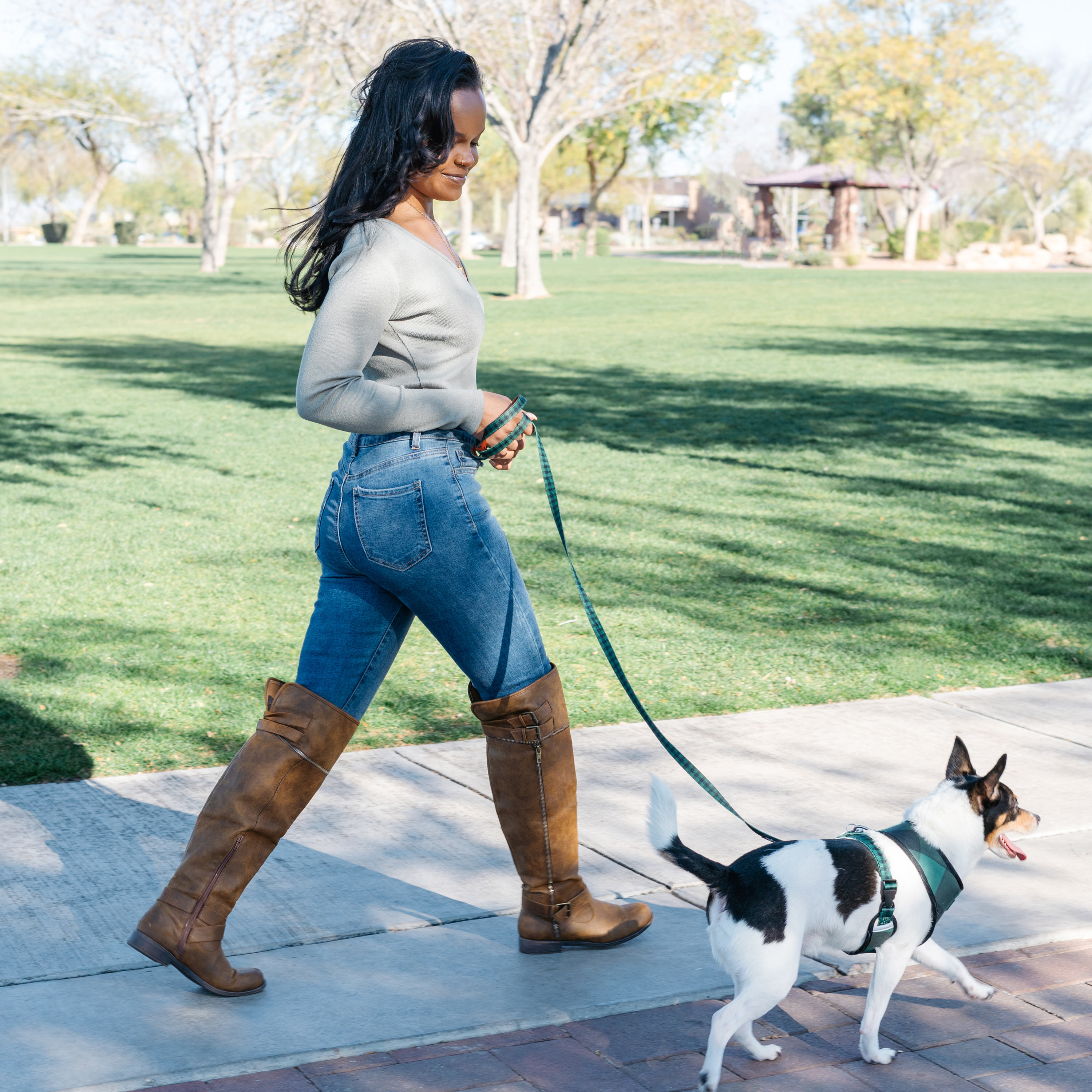 white-brunette-lady-wearing-an-ash-sweater-and-a-denim-pant-with-a-brown-boot-walking-a-white-dog