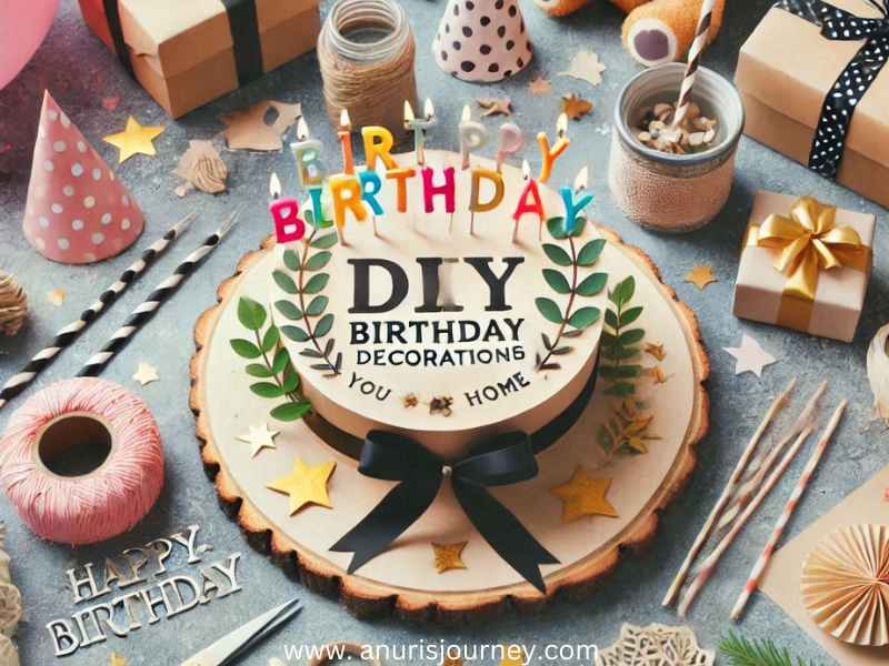 A-birthday-cake-with-DIY-decorations-around-it-as-29-DIY-Birthday-Decorations-You-Can-Make-At-Home