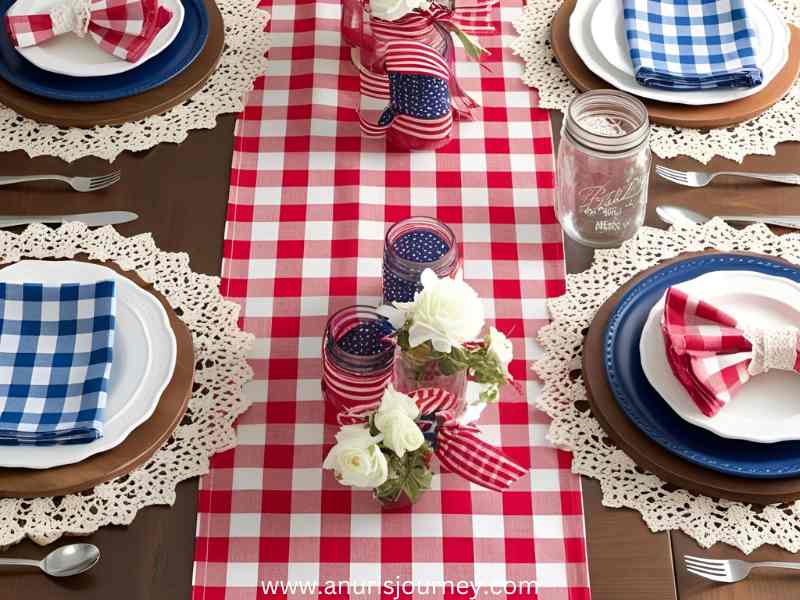 Gingham-Lace-Combination 
-as-35-Stunning-Red-White-Blue-Tablescapes-for-an-Instagram-Worthy-July-4th