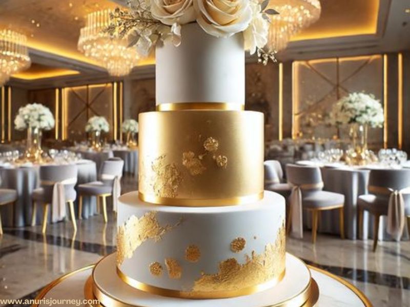 three step cake with white and golden colour