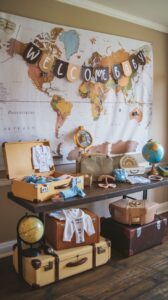 this is a Vintage Suitcase Display for a baby shower decor