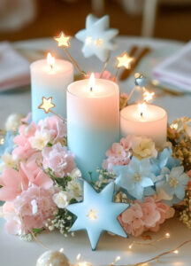 this is a Table Centerpieces with Candles for a baby shower