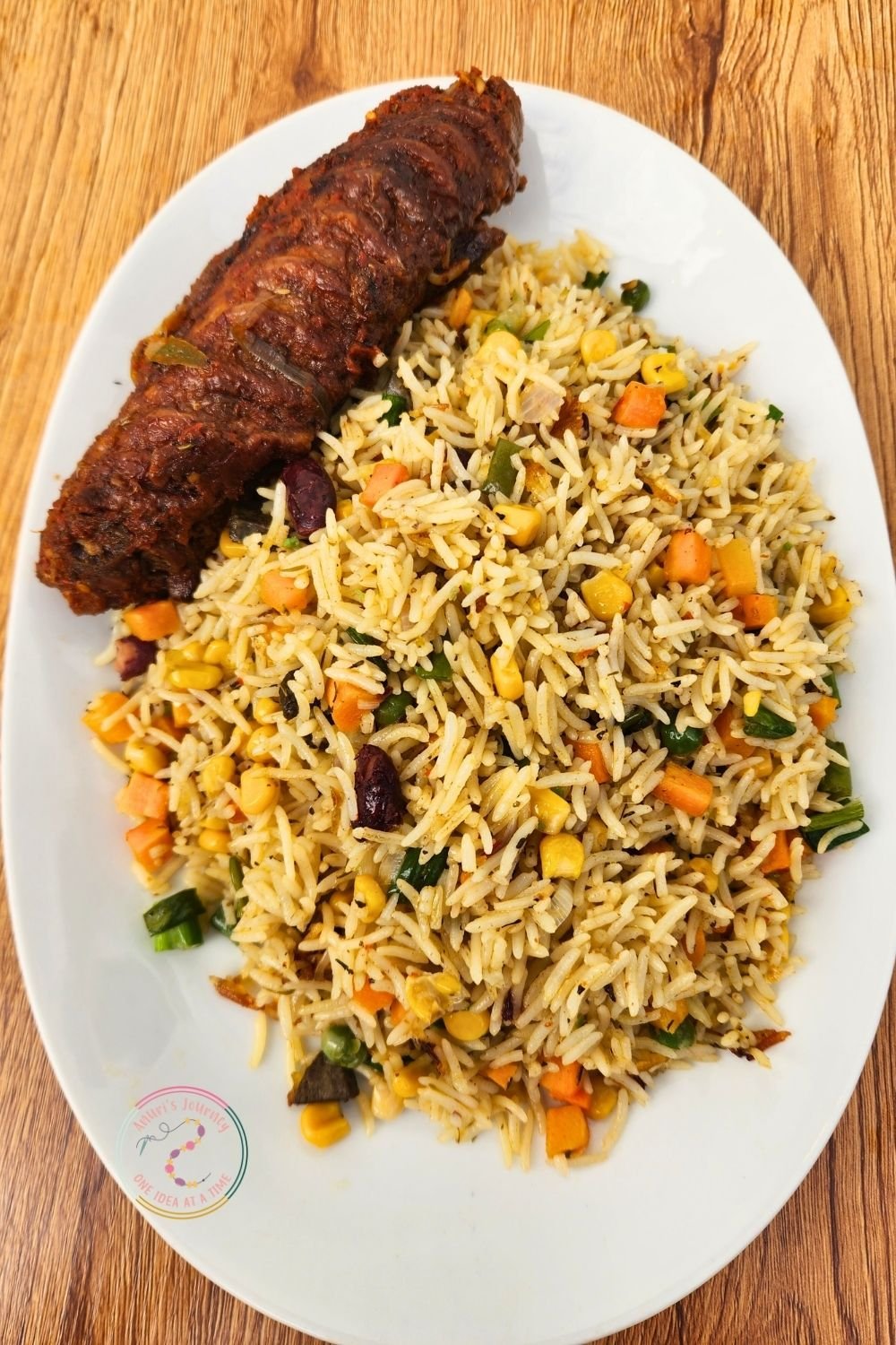 fried-rice-and-turkey-in-a-white-plate
