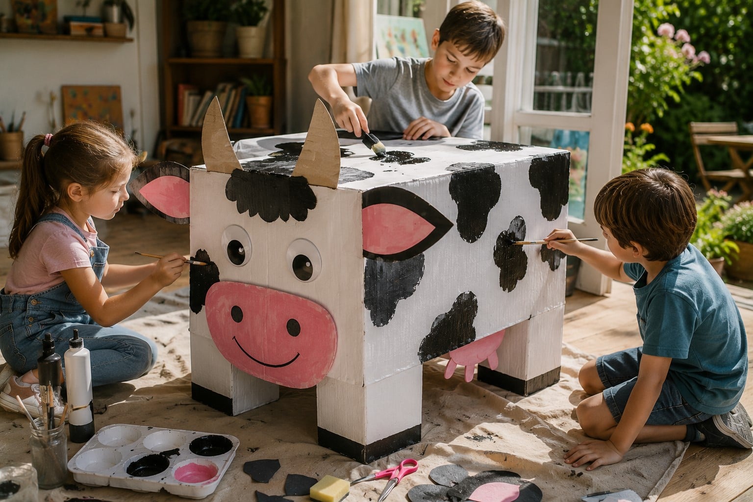CHILDREN PAINTING A LARGE COW
