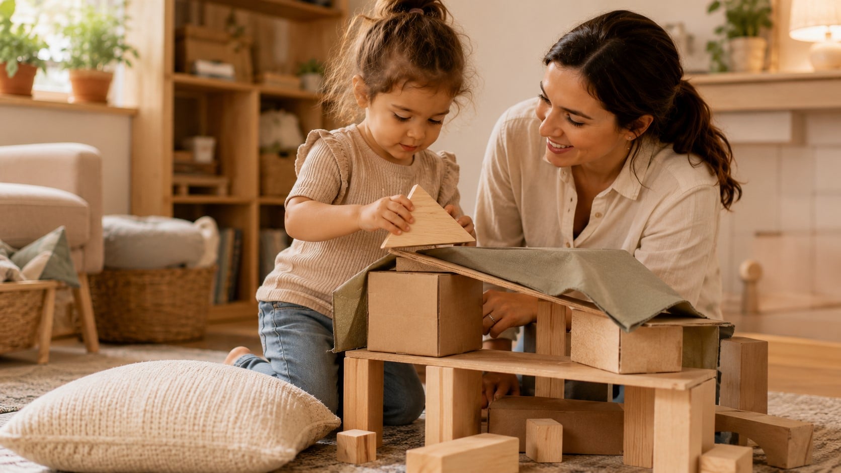 child playing and building together with mum