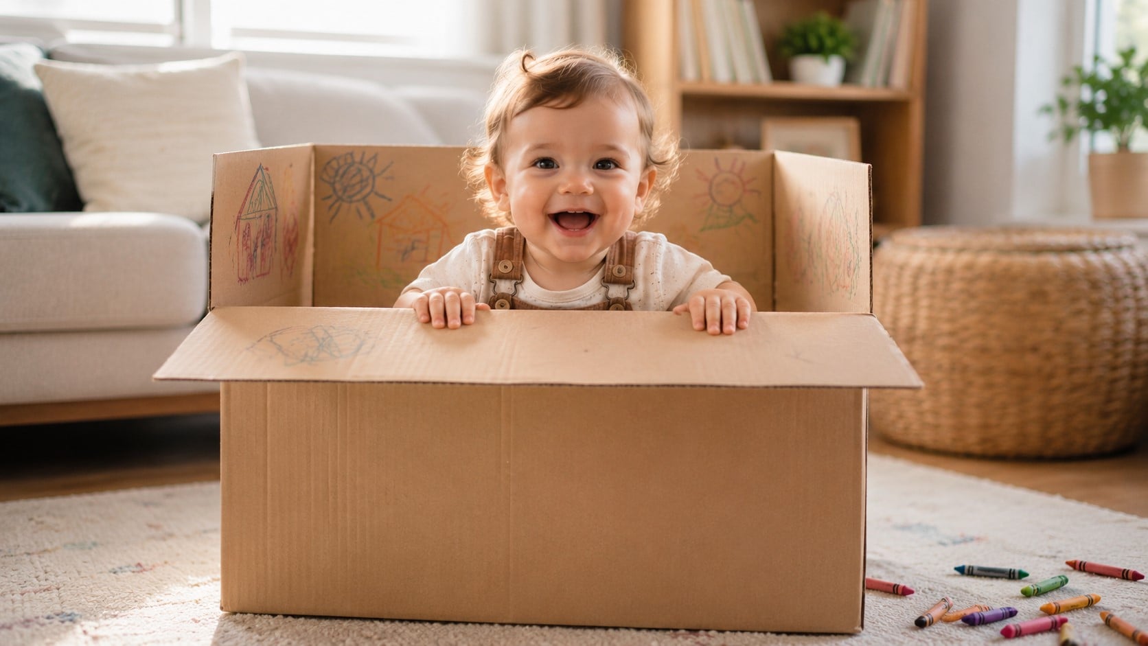 A child playing in carton