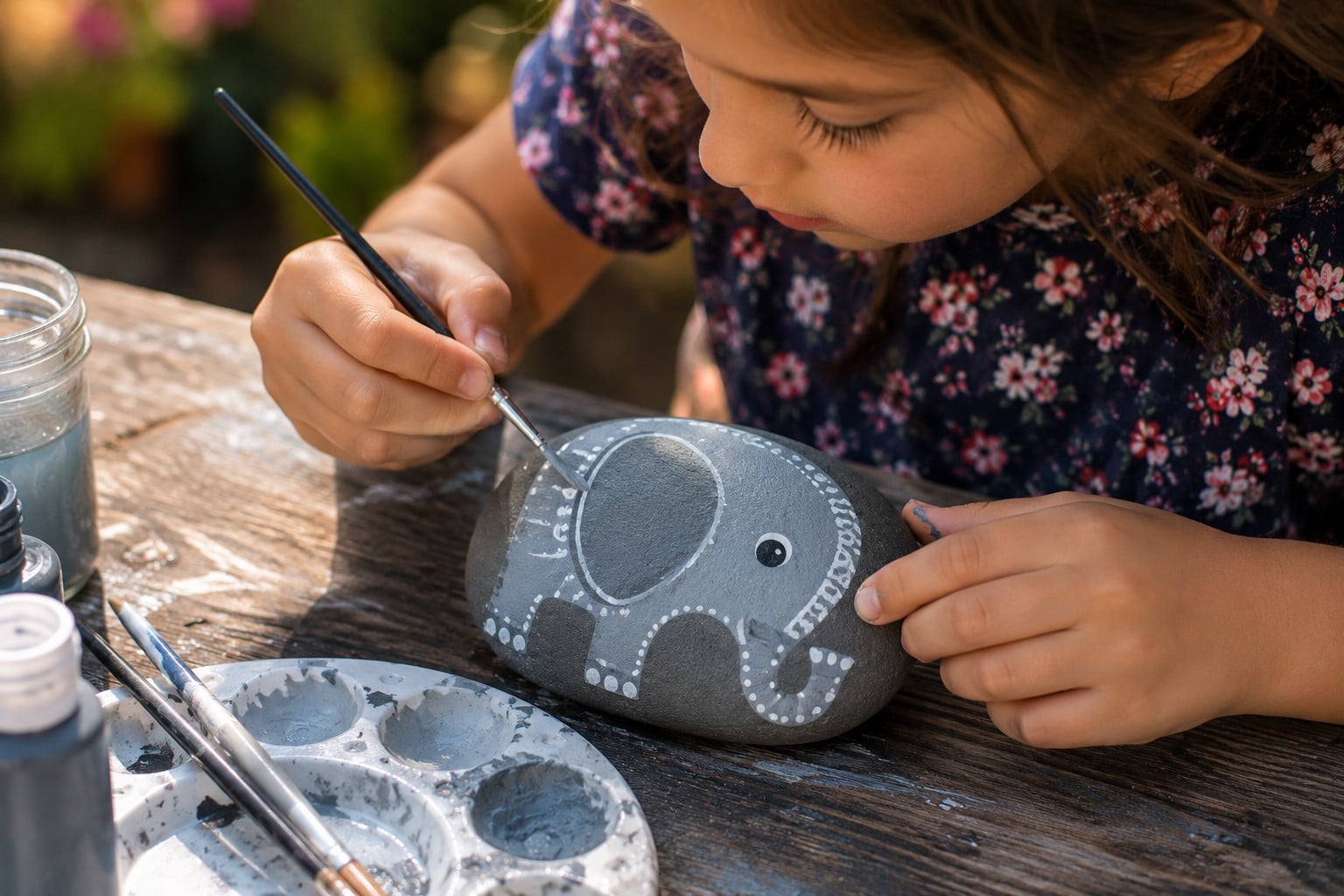 A child painting an elephant on a rock