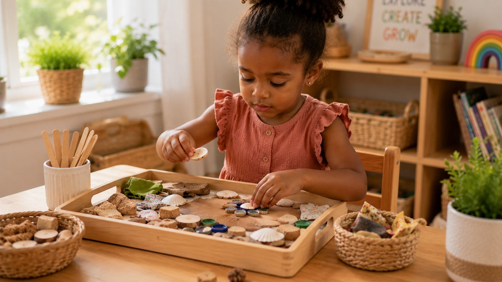 child playing with shells