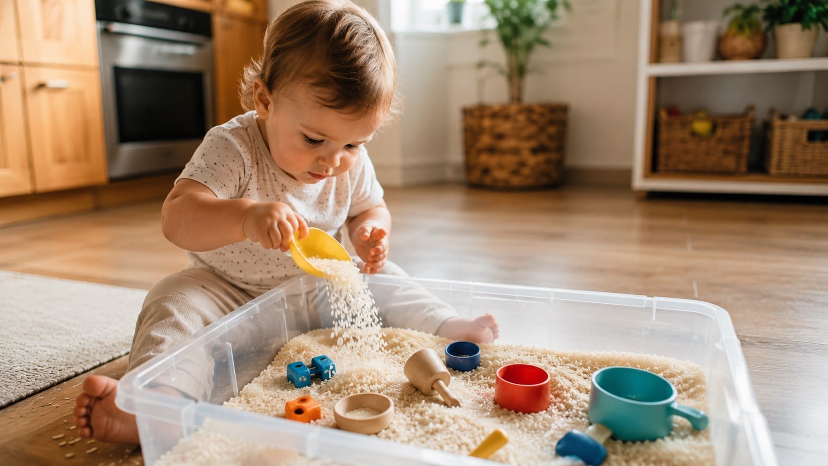 A child playing with sensory bins