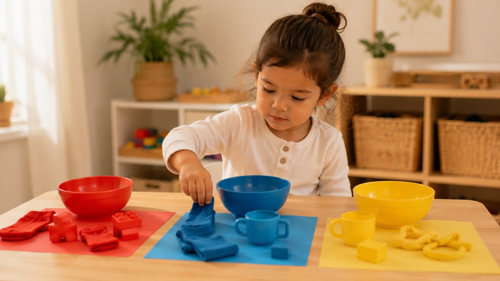A girl playing sorting games.
