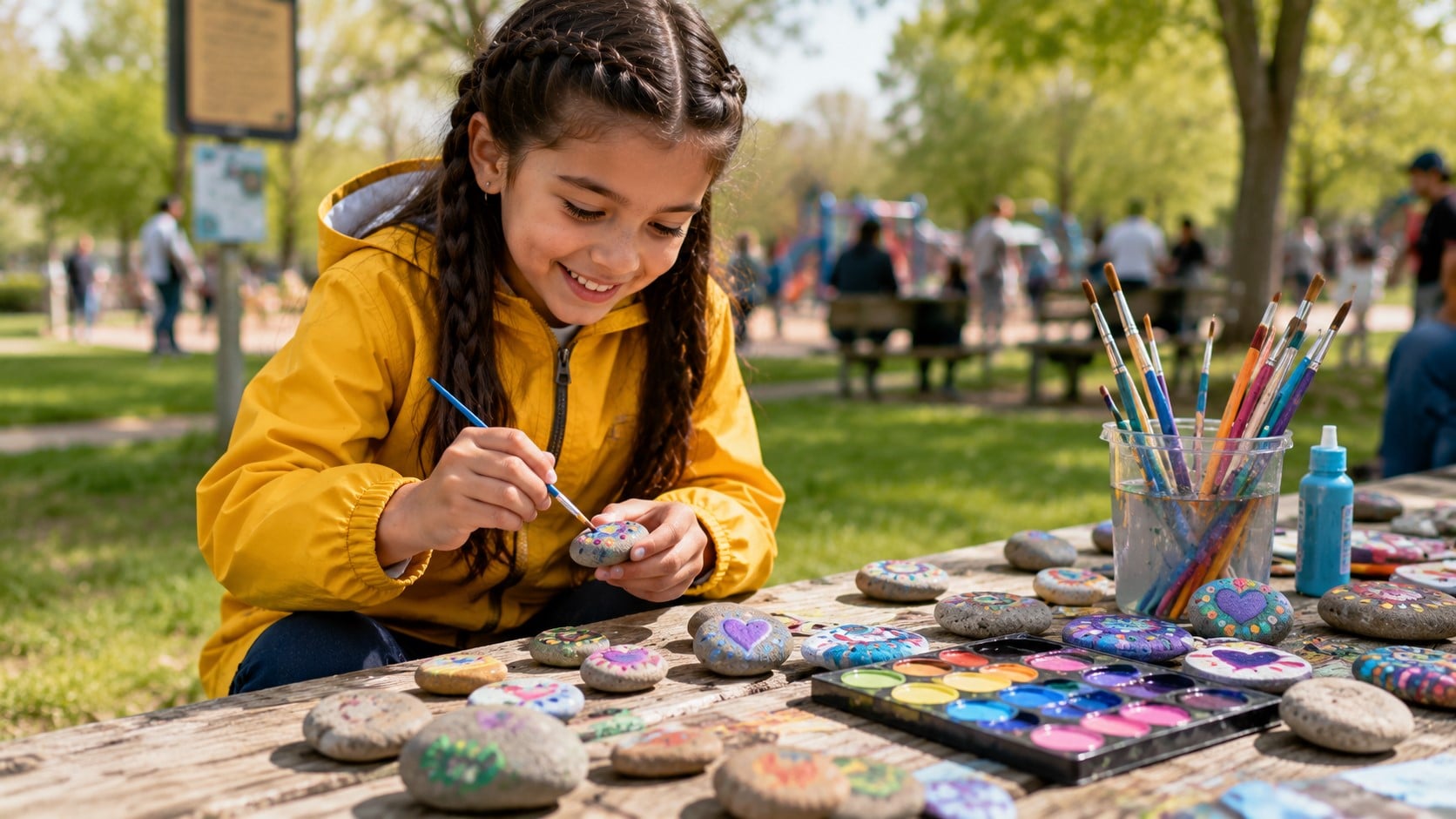 A girl painting rocks in the park