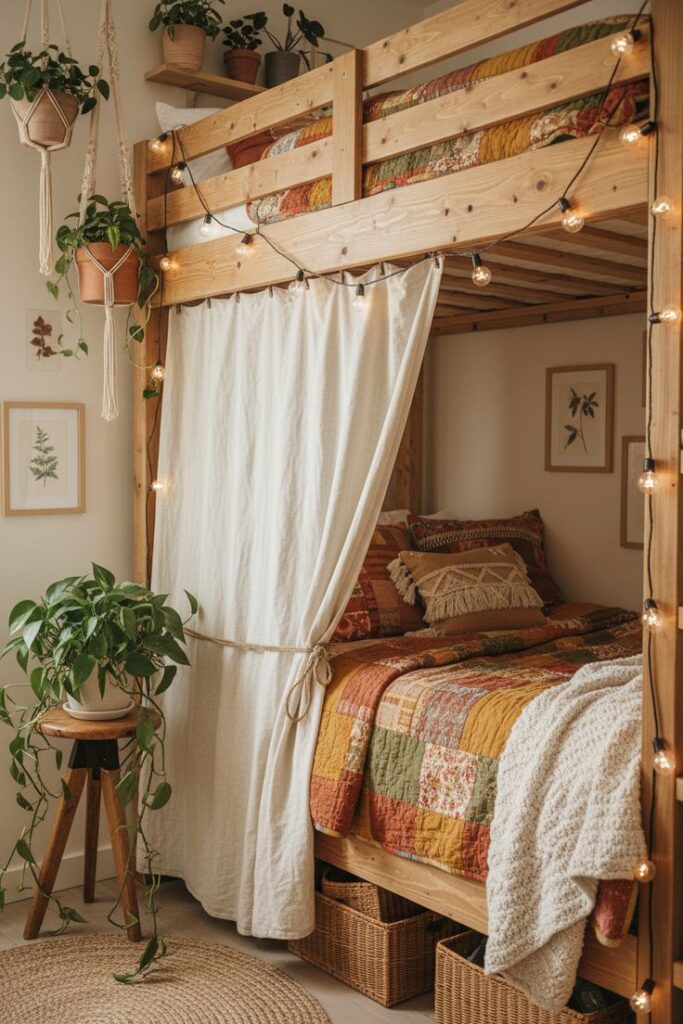 Bunk Bed with Decorative Curtains
