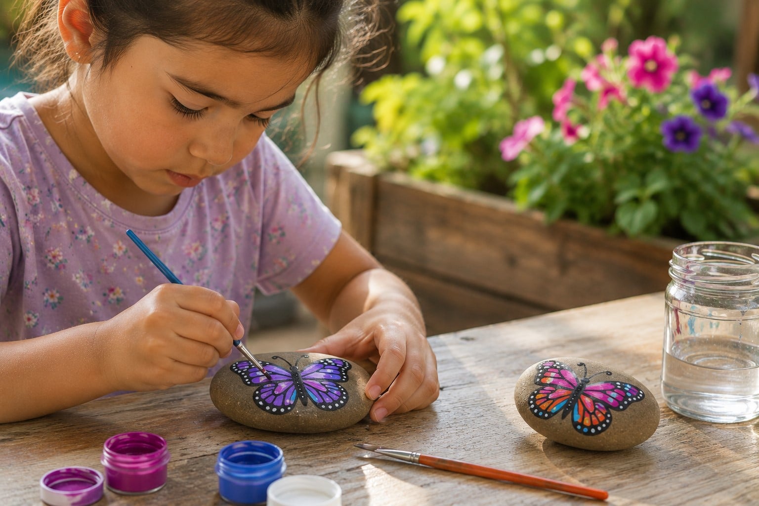  A girl painting a butterfly on a rock