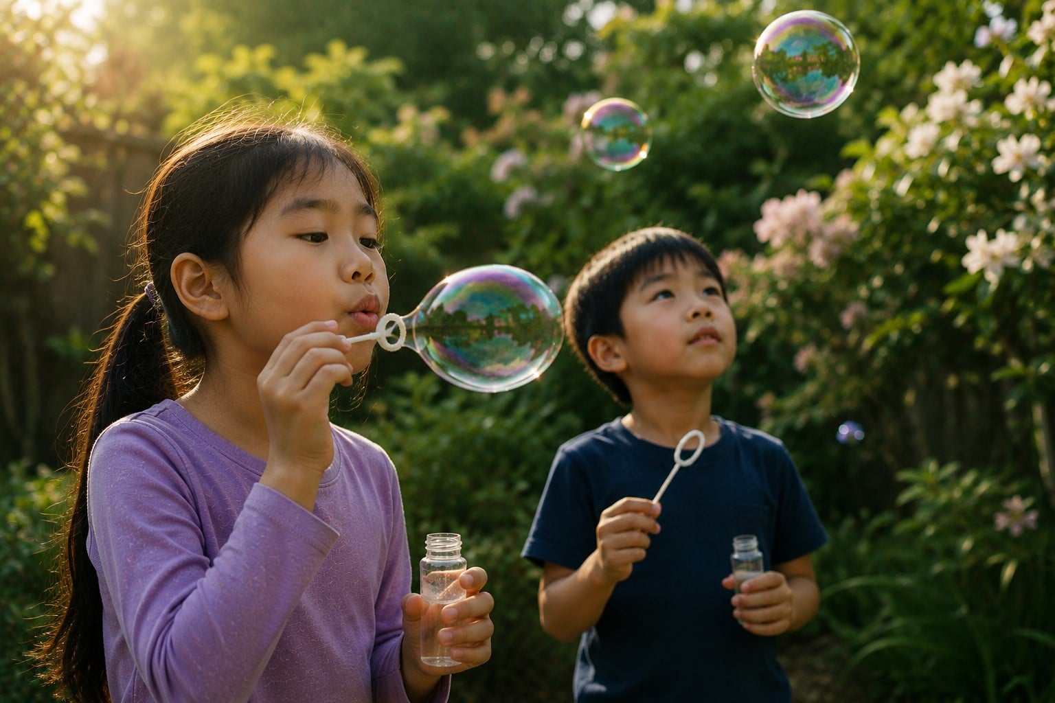 children playing with bubbles