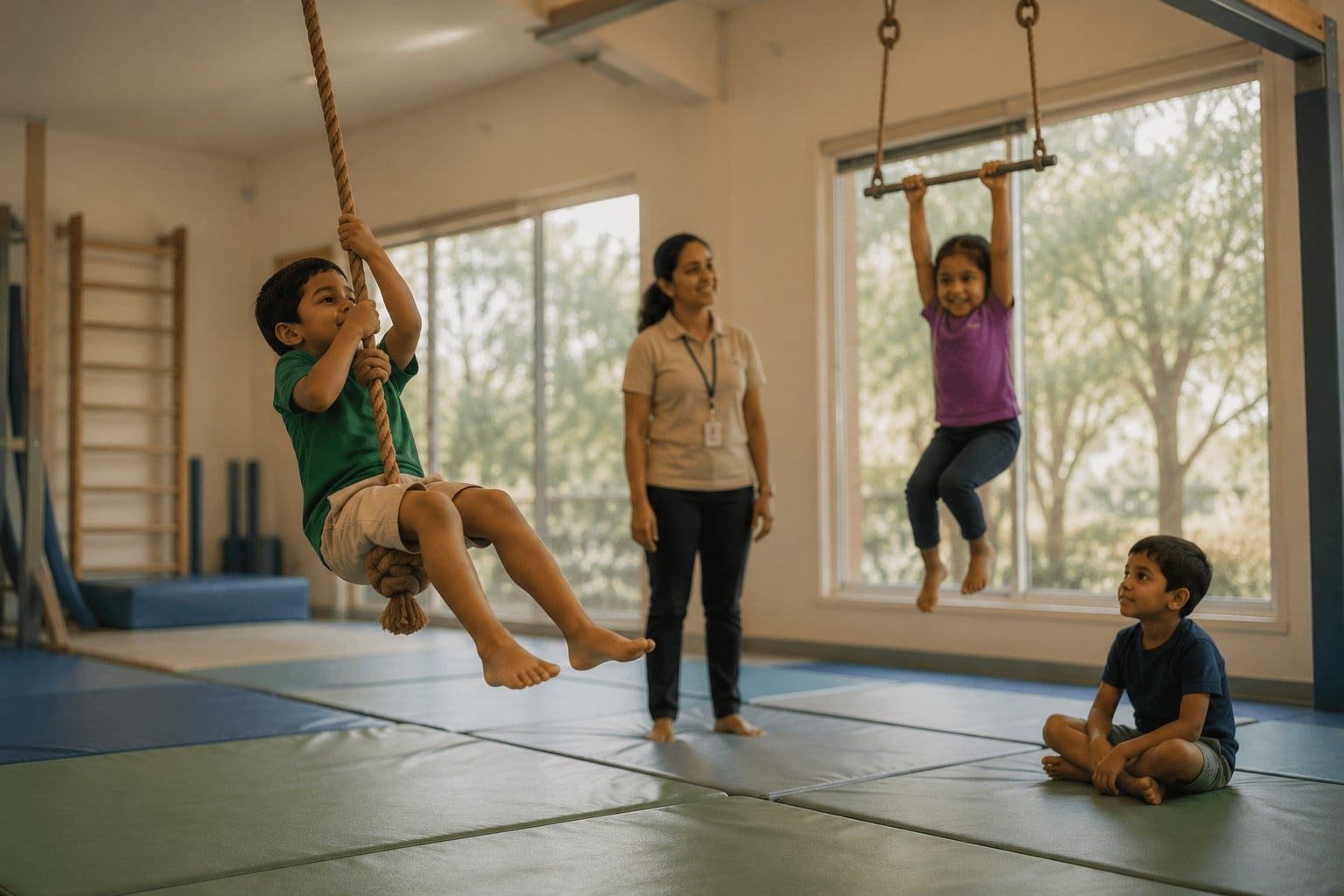 Indoor playroom with swing