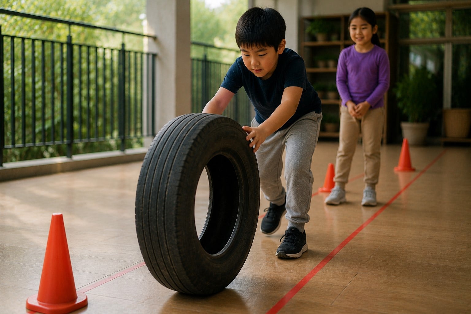 children playing with tyre
