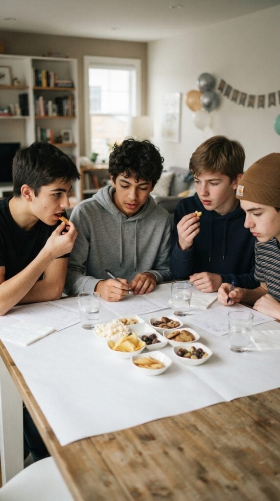 Teenagers_evaluating_snacks_at_table