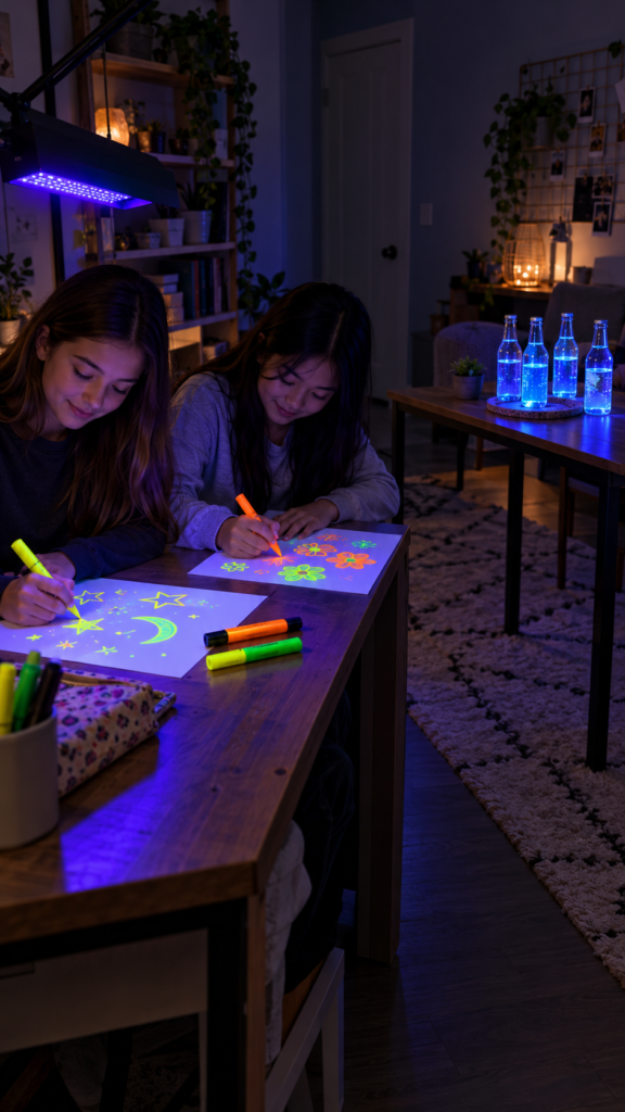 Blacklight-Craft-Night-with-Glowing-Tonic-Bottles-indoor-sleepover-ideas-for-teens.