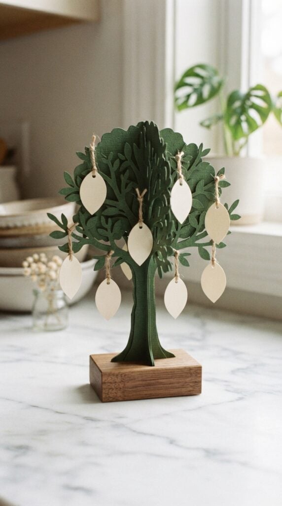 cardstock- tree -silhouette- standing- upright -on- a- stand -on white -marble- with- a -few- blank- leaf-shaped