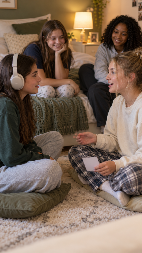 Cozy-teen-sleepover-lip-reading-game-indoor-sleepover-ideas-for-teens.