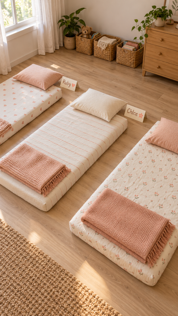 Cozy-trio-of-labeled-floor-mattresses.