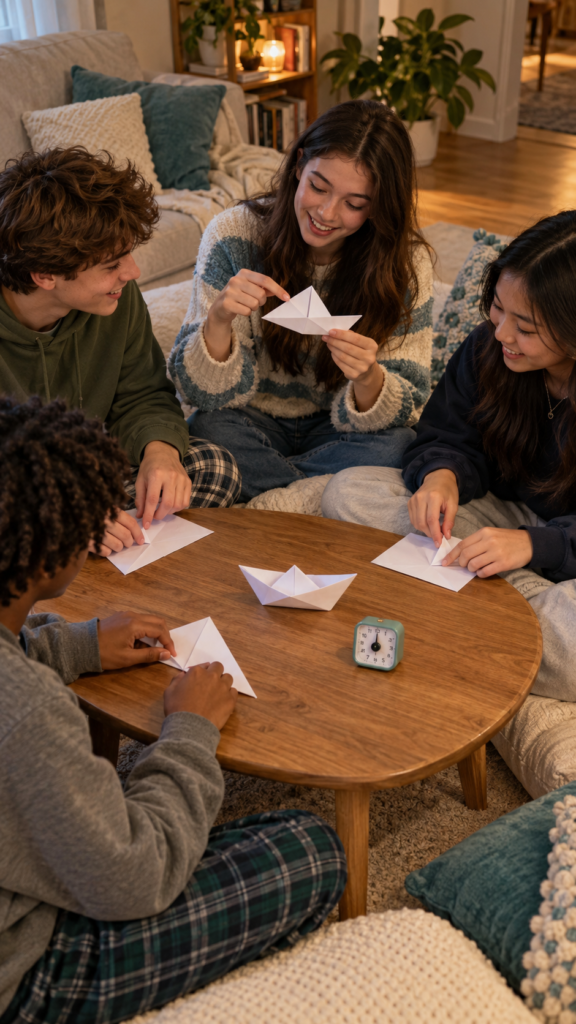 Four-Friends-Fold-Paper-Boats-Together.