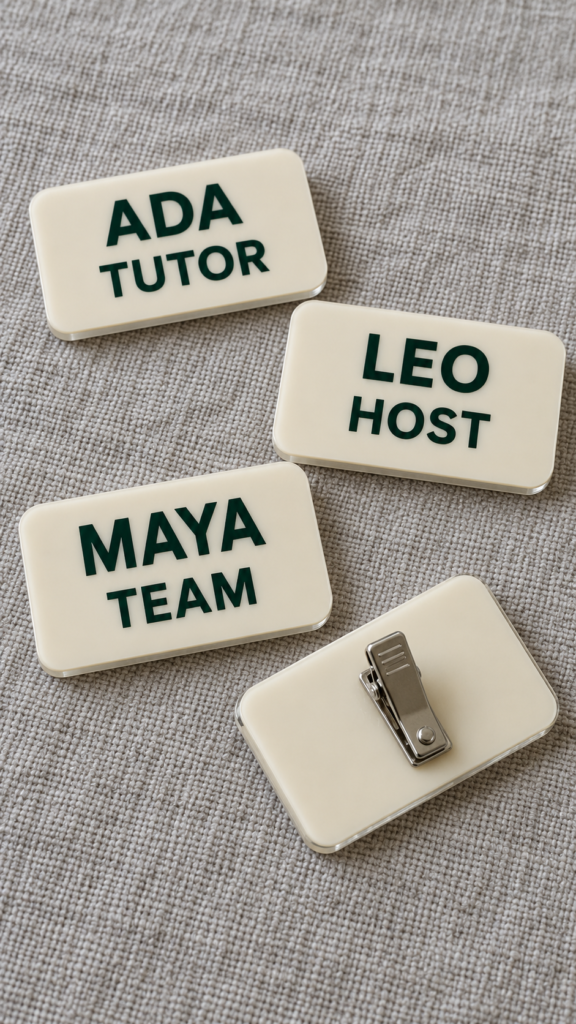 Four-acrylic-badges-one-flipped-for-clip.