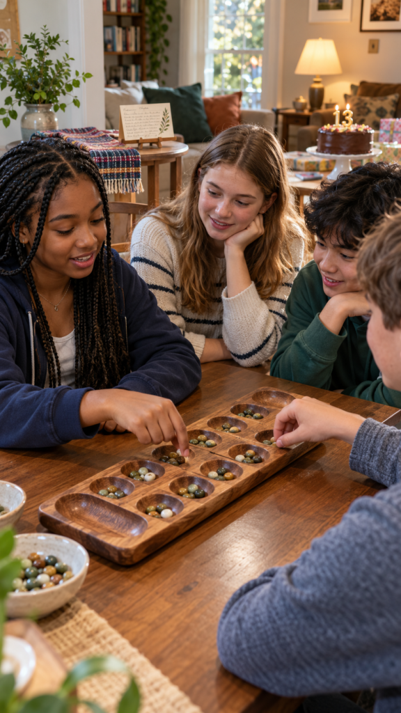 Friends-Learn-Mancala-at-a-13th-Birthday.