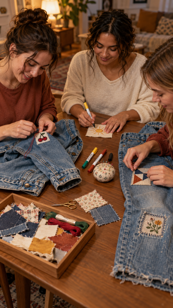 Friends-upcycling-denim-with-handmade-patches