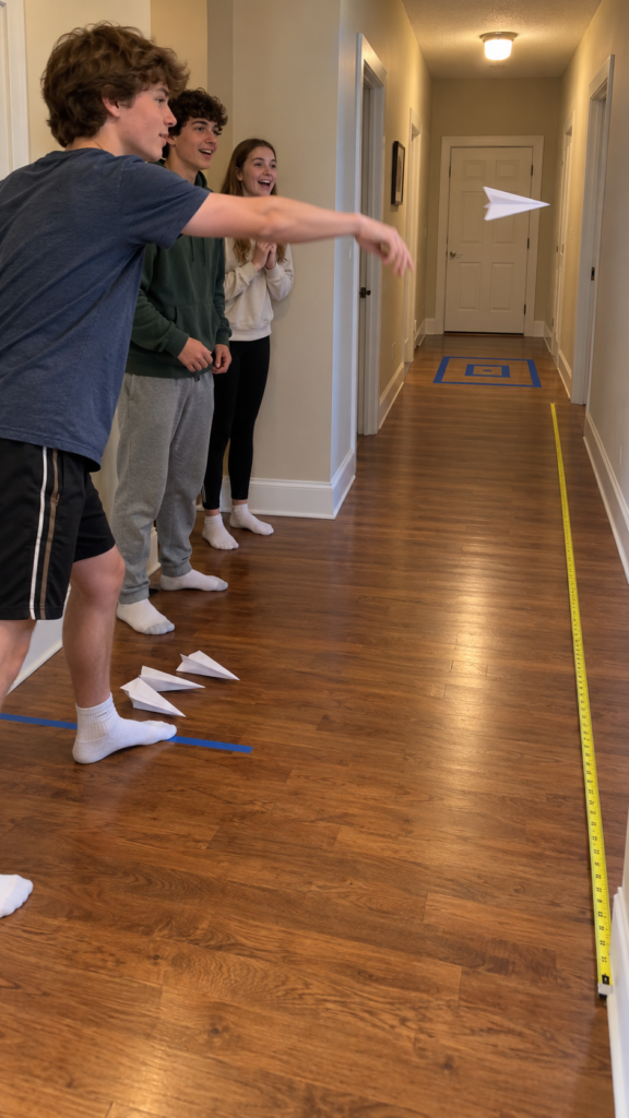 Hallway-paper-airplane-contest-cheap-sleepover-ideas-for-teens