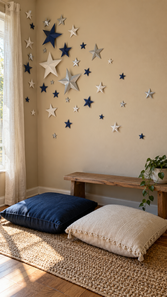 Handmade-paper-stars-over-a-cozy-corner-sleepover-decorations-ideas