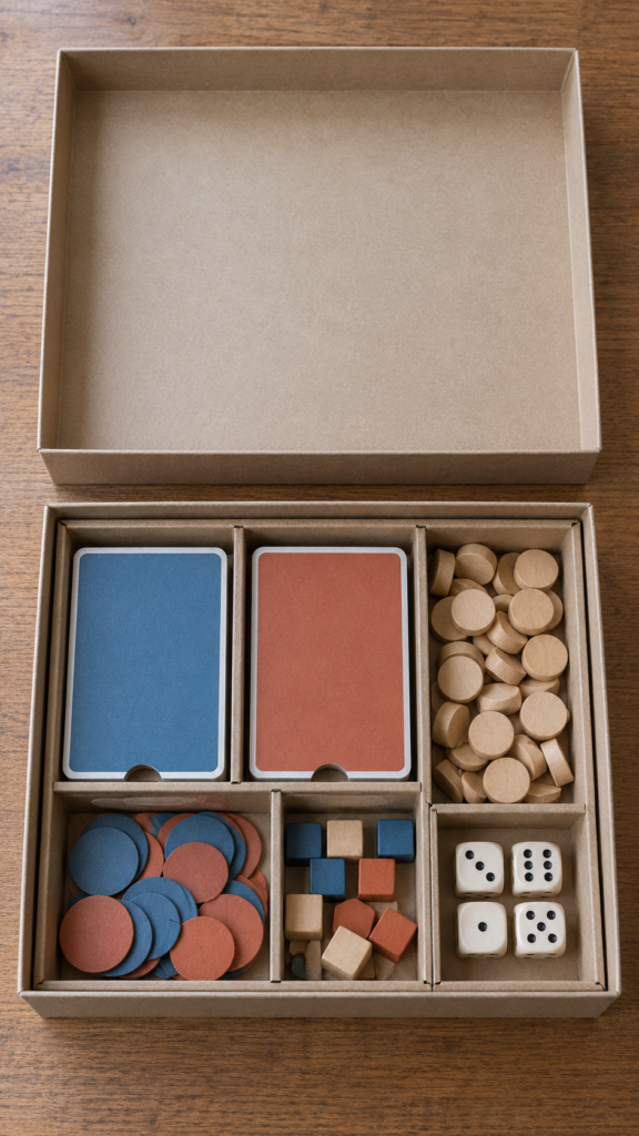 Kraft-board-game-organizer-with-sorted-pieces.