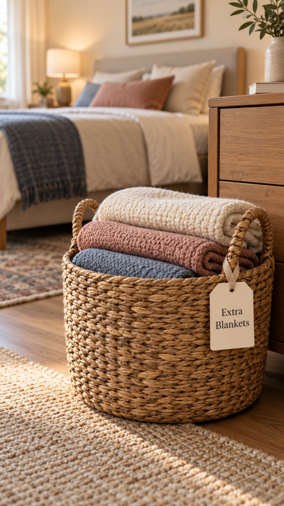Labeled-basket-of-folded-spare-blankets
