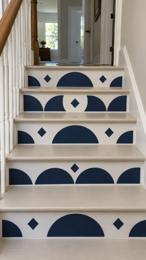 Navy-geometric-stair-risers-in-daylight.