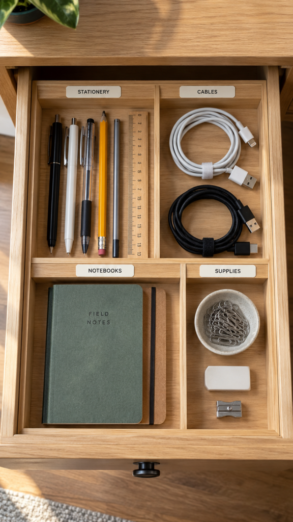 Organized-Wooden-Drawer-With-Stationery