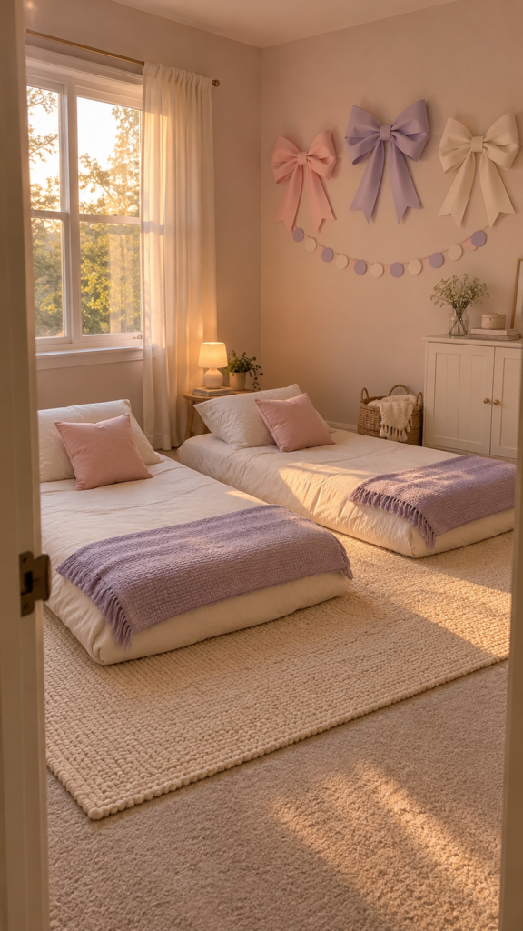 Pastel-sleepover-room-with-paper-bows.