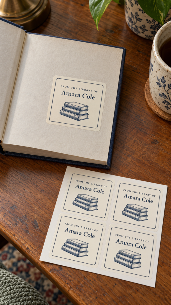 Personalized-library-bookplate-with-matching-sticker-sheet-simple-cricut-projects-for-beginners-that-sell