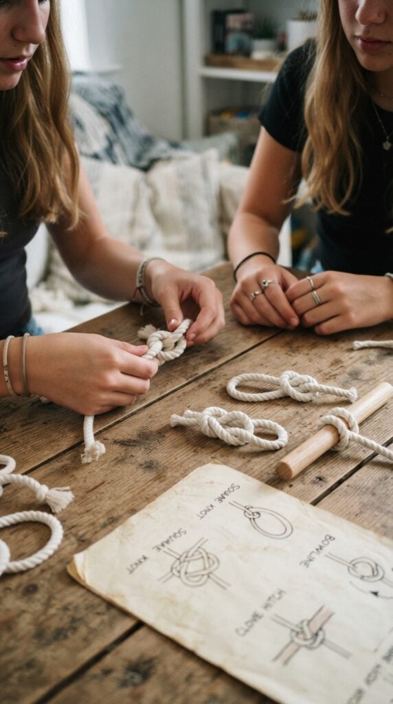 Practicing_knots_on_wooden_table