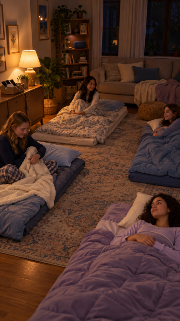Quiet-Sleepover-in-a-Cozy-Living-Room-fun-sleepover-ideas-for-teens