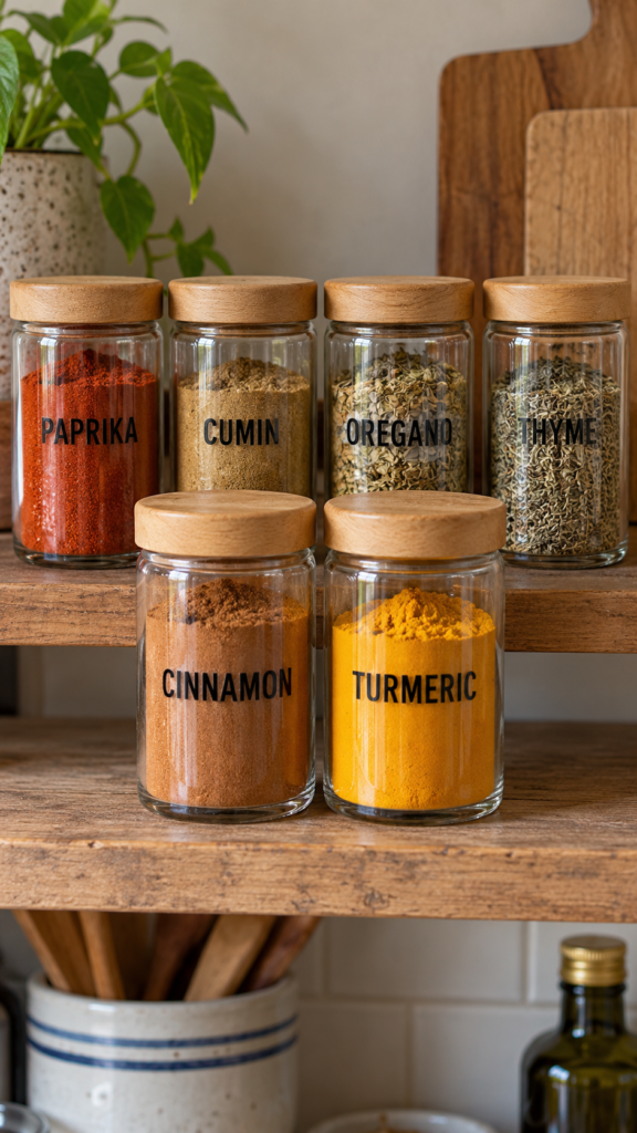 Six-labeled-spice-jars-on-a-shelf.