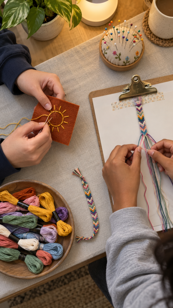 Sun-stitching-and-friendship-bracelets-indoor-sleepover-ideas-for-teens.