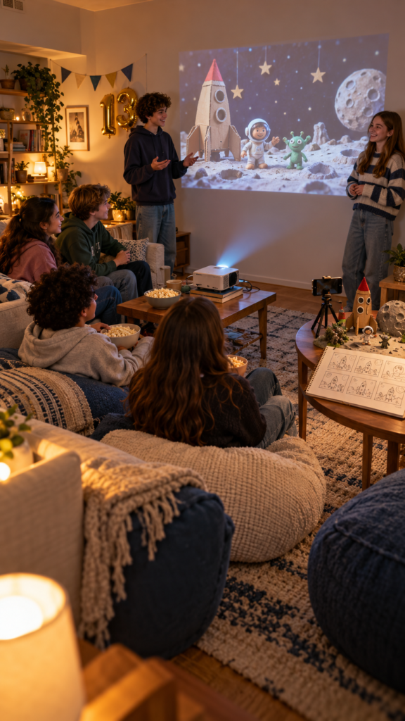 Teen-filmmakers-screen-a-cardboard-rocket-film.