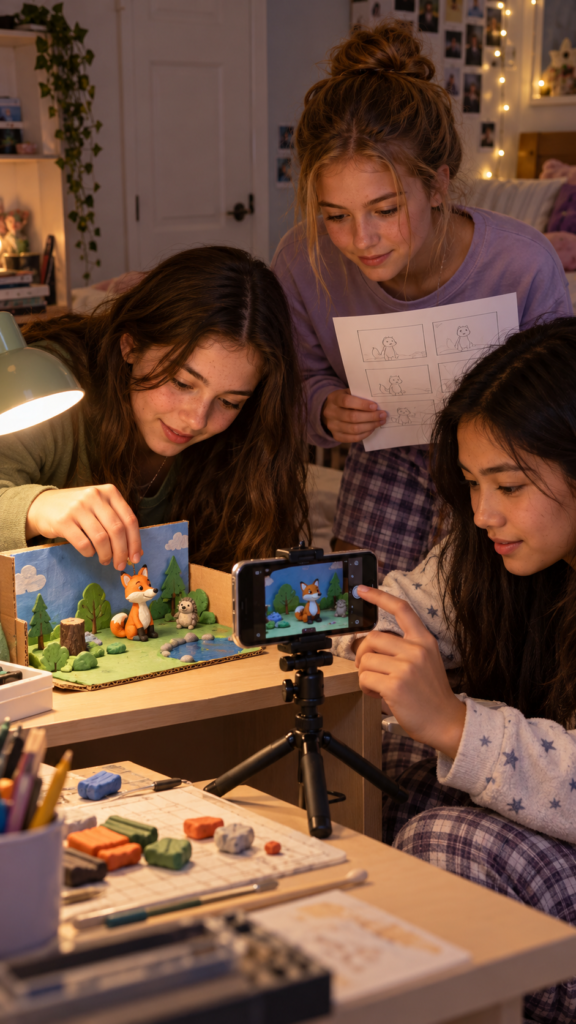 Teen-friends-create-clay-stop-motion-indoor-sleepover-ideas-for-teens.