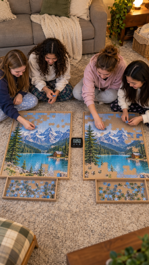 Teen-sleepover-mountain-lake-puzzle-race