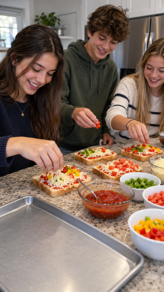  Teenagers-assemble-colorful-pizza-toasts-cheap-sleepover-ideas-for-teens