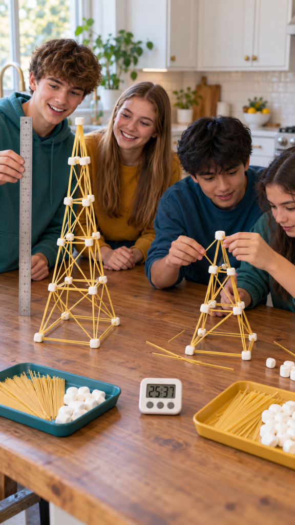 Teenagers-build-spaghetti-marshmallow-towers