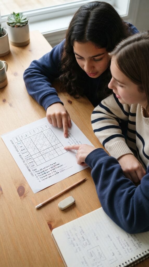 Teens_solving_logic-grid_puzzle