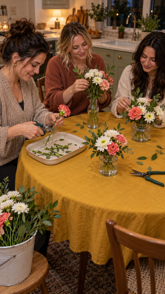 Three-Friends-Craft-Small-Flower-Bouquets-sleepover-ideas-for-girls-night-in