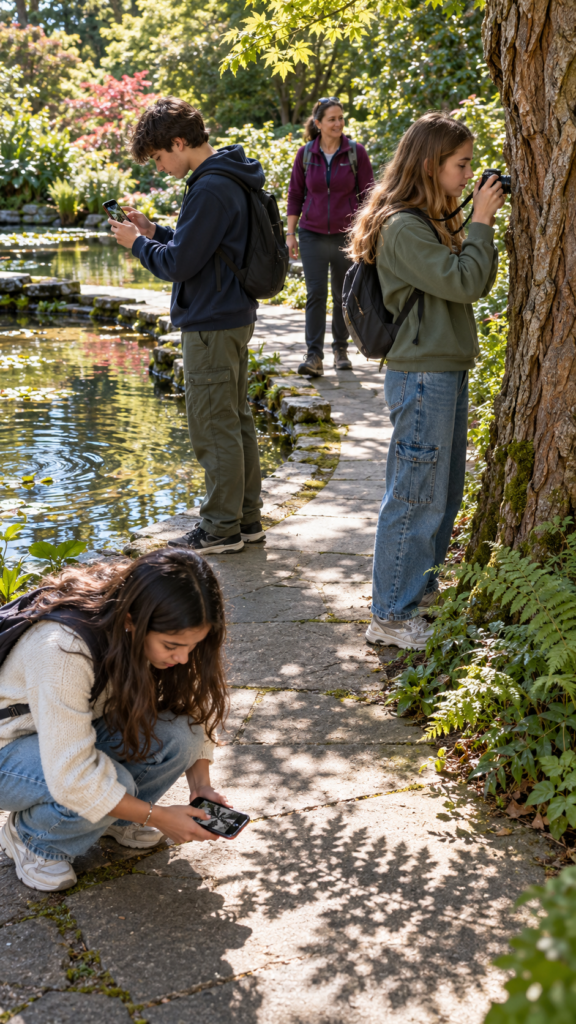 Three-Teens-Exploring-Garden-Reflections-and-Shadows