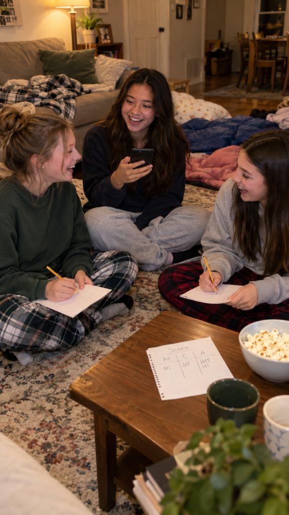 Three-friends-living-room-music-guessing-game-cheap-sleepover-ideas-for-teens